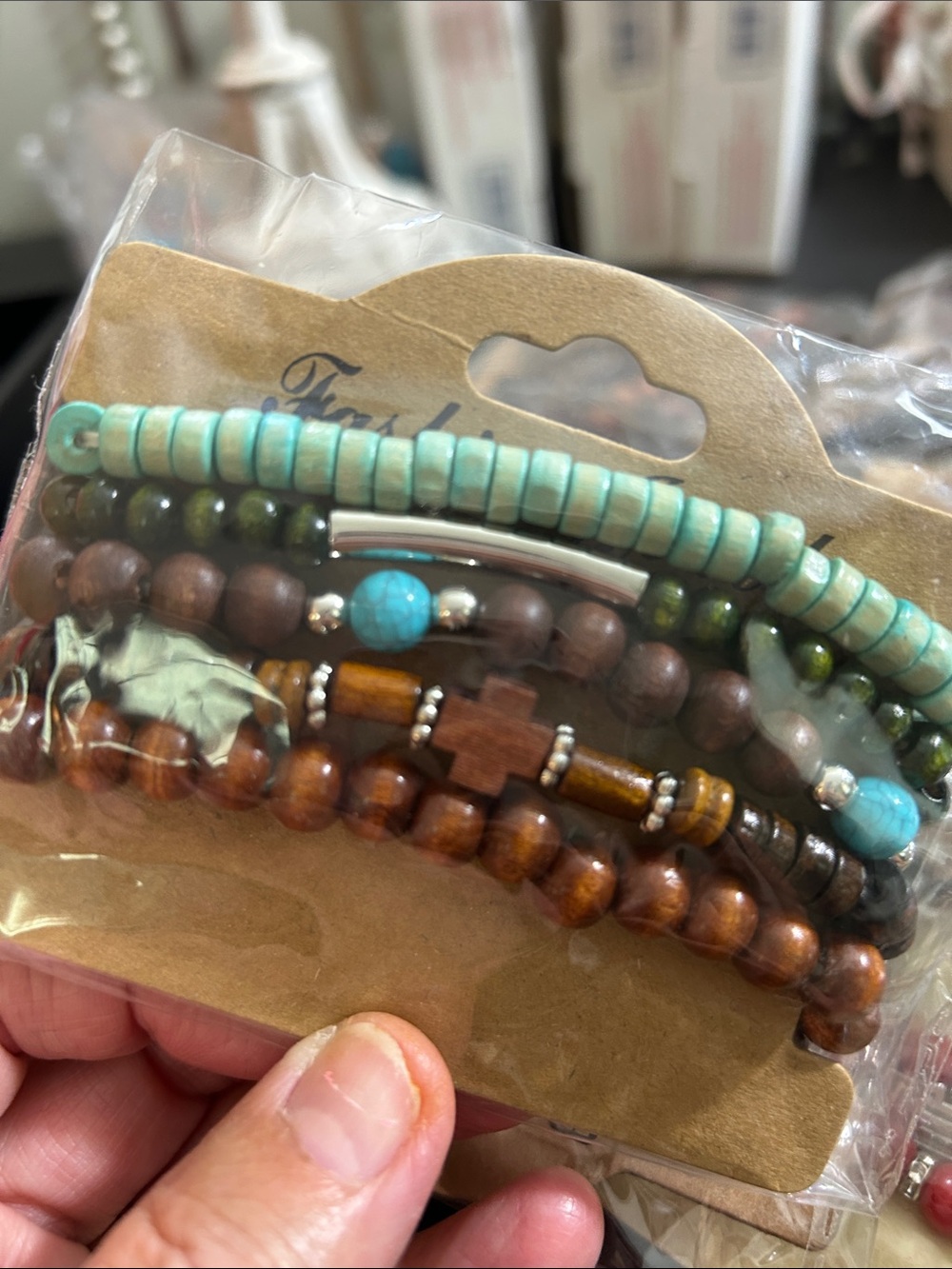 Set of Brown Leather & Turquoise Bead Stackable Bracelets - Picture 4 of 5